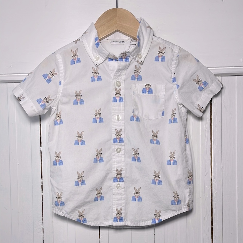 JANIE & JACK EUC 100% Cotton Boys Bunny w/ Glasses Short Sleeve Button Up Shirt